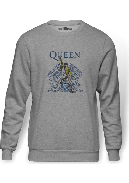 Queen Baskılı Gri Erkek Örme Sweatshirt Uzun Kol