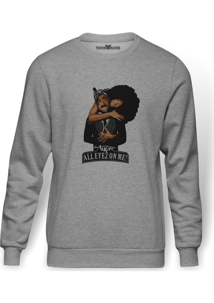 Rap Hiphop 2Pac All Eyez On Baskılı Gri Erkek Örme Sweatshirt Uzun Kol