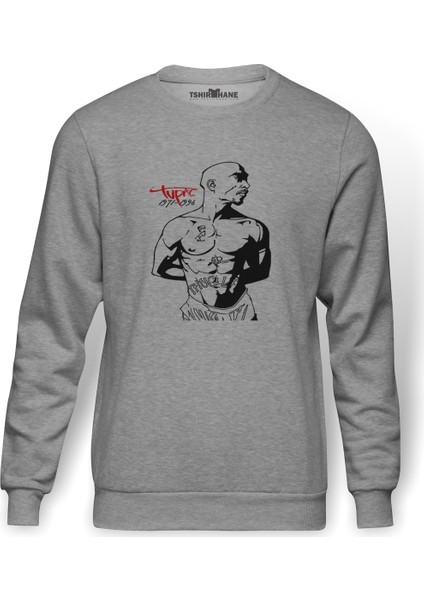 Rap Hiphop 2Pac Rıp Baskılı Gri Erkek Örme Sweatshirt Uzun Kol