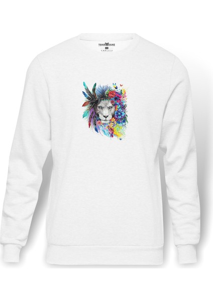 Aslan Sanat Çizim Poster Boyama Aslan Baskılı Beyaz Erkek Örme Sweatshirt Uzun Kol