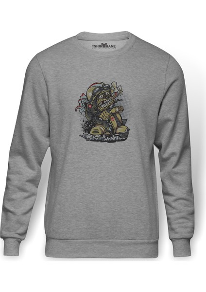 Scooter Smoker Baskılı Gri Erkek Örme Sweatshirt Uzun Kol