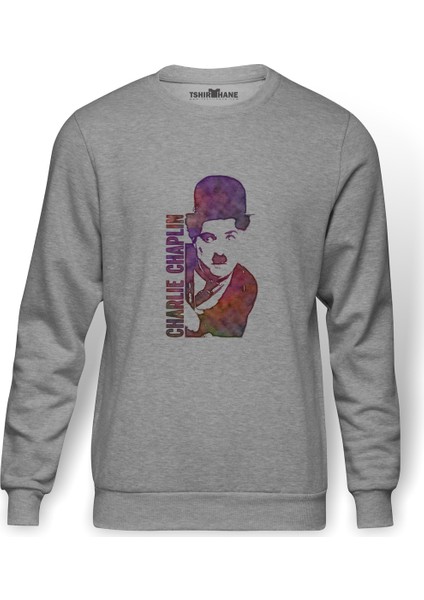 Charlie Chaplin Water Brush Baskılı Gri Erkek Örme Sweatshirt Uzun Kol
