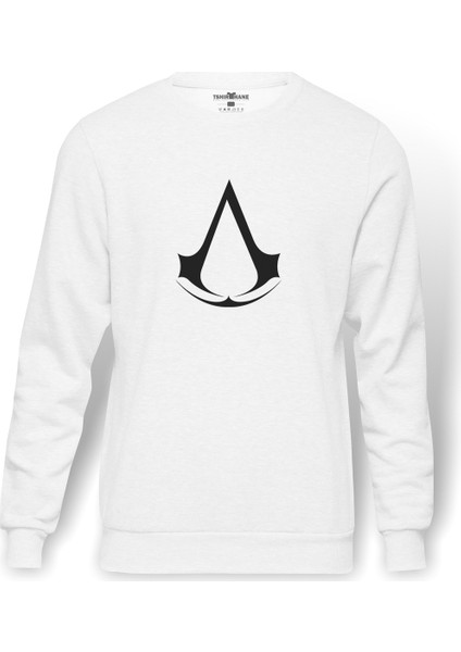 Assassins Creed Logo Baskılı Beyaz Erkek Örme Sweatshirt Uzun Kol