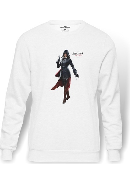 Assassins Creed Unity Elise Baskılı Beyaz Erkek Örme Sweatshirt Uzun Kol