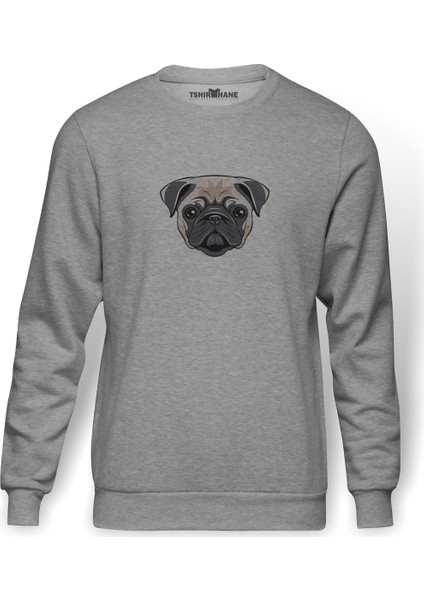 Dog Head Köpek Baskılı Gri Erkek Örme Sweatshirt Uzun Kol