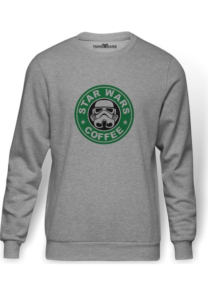 Star Coffee Baskılı Gri Erkek Örme Sweatshirt Uzun Kol