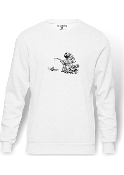 Astronaut Spaceman With Blue Whale Baskılı Beyaz Erkek Örme Sweatshirt Uzun Kol