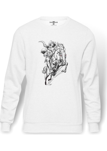 At Rider Baskılı Beyaz Erkek Örme Sweatshirt Uzun Kol