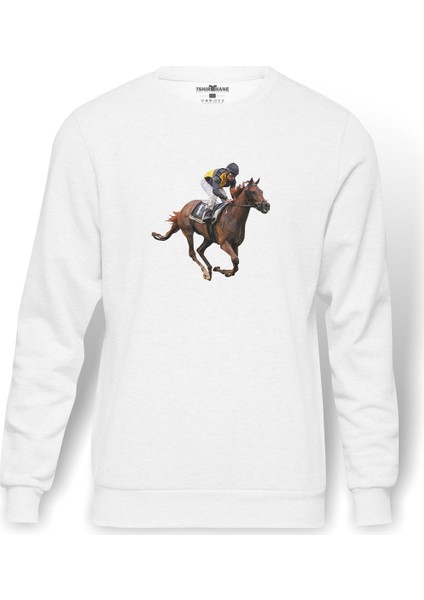 At Yarışı Jokey Baskılı Beyaz Erkek Örme Sweatshirt Uzun Kol