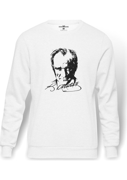 Atatürk 23 Nisan Baskılı Beyaz Erkek Örme Sweatshirt Uzun Kol
