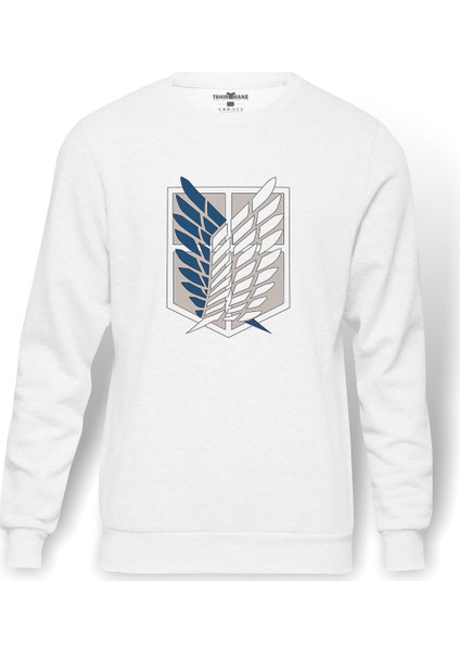 Attack On Titan Amblem Logo Baskılı Beyaz Erkek Örme Sweatshirt Uzun Kol