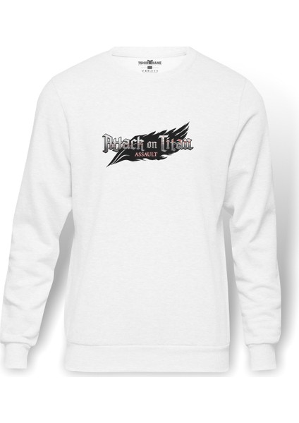 Attack On Titan Assault Walls Baskılı Beyaz Erkek Örme Sweatshirt Uzun Kol