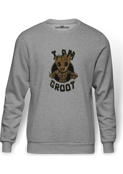 I Am Groot Sarmaşık Baskılı Gri Erkek Örme Sweatshirt Uzun Kol