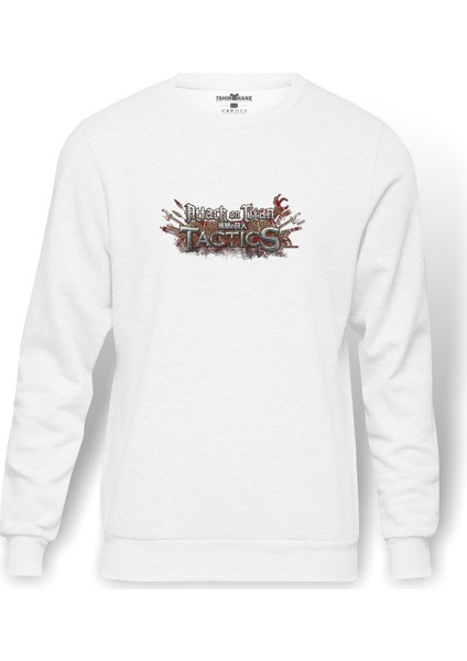 Attack On Titan Yazı Baskılı Beyaz Erkek Örme Sweatshirt Uzun Kol