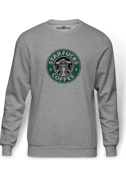 Star Coffee Baskılı Gri Erkek Örme Sweatshirt Uzun Kol