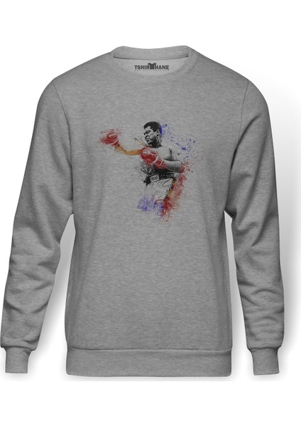Muhammed Ali Damla Baskılı Gri Erkek Örme Sweatshirt Uzun Kol