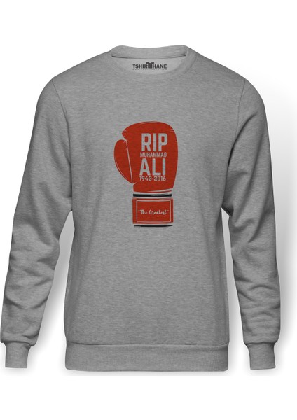 Muhammed Ali Eldiven Baskılı Gri Erkek Örme Sweatshirt Uzun Kol