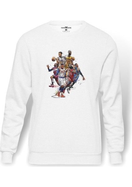 Basket Basketbol Spor Baskılı Beyaz Erkek Örme Sweatshirt Uzun Kol