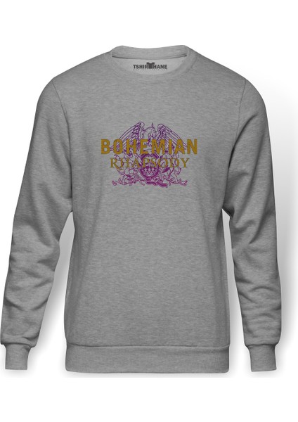 Queen Bohemıan Rhapsody Logo Baskılı Gri Erkek Örme Sweatshirt Uzun Kol