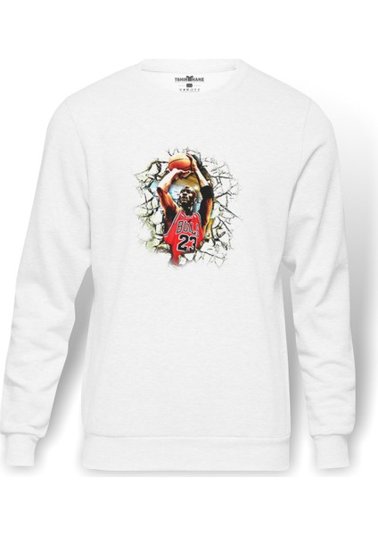 Basketball Jordan Bulls Baskılı Beyaz Erkek Örme Sweatshirt Uzun Kol