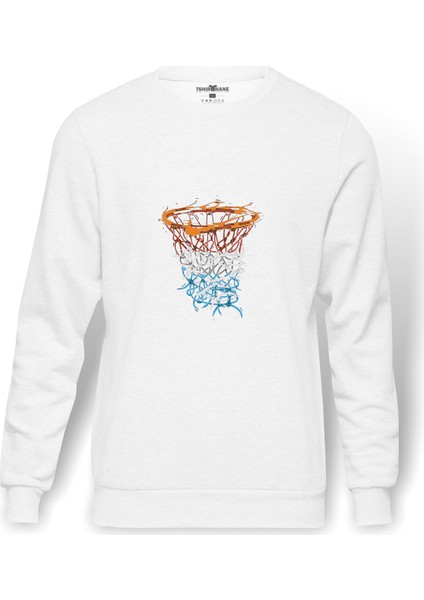 Basketbol Pota Baskılı Beyaz Erkek Örme Sweatshirt Uzun Kol