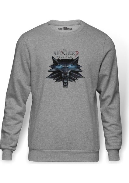 The Witcher Baskılı Gri Erkek Örme Sweatshirt Uzun Kol