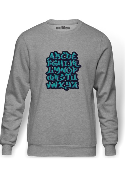 Graffiti Letter Tag Baskılı Gri Erkek Örme Sweatshirt Uzun Kol