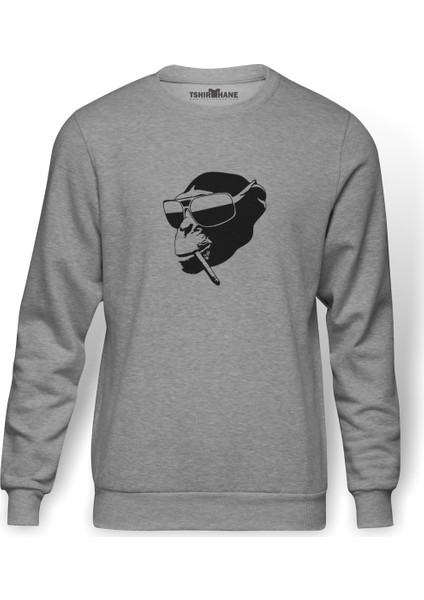 Tiryaki Şempanze Baskılı Gri Erkek Örme Sweatshirt Uzun Kol