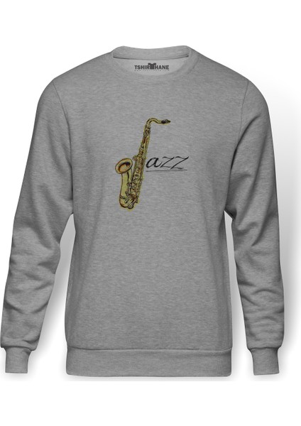 Only Jazz Baskılı Gri Erkek Örme Sweatshirt Uzun Kol