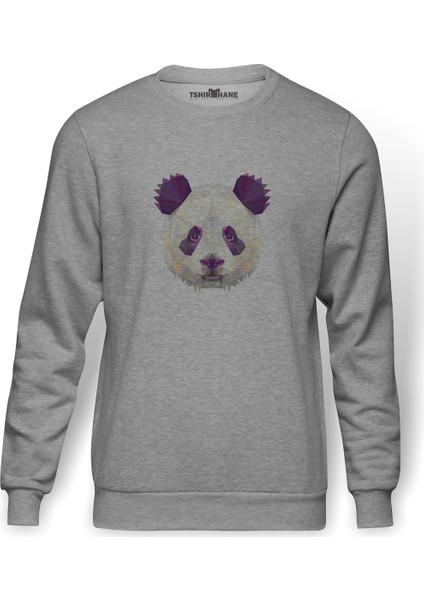 Polygonal Head Panda Baskılı Gri Erkek Örme Sweatshirt Uzun Kol