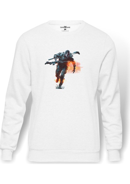 Battlefield Play4Free Baskılı Beyaz Erkek Örme Sweatshirt Uzun Kol