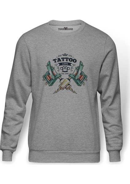 Tatto Love Retro White Baskılı Gri Erkek Örme Sweatshirt Uzun Kol