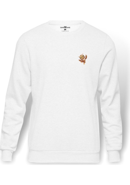 Baykuş Owl Cartoon Illustration Dance Owl Baskılı Beyaz Erkek Örme Sweatshirt Uzun Kol