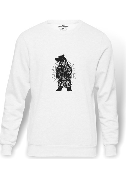 Bear Ayı Baskılı Beyaz Erkek Örme Sweatshirt Uzun Kol