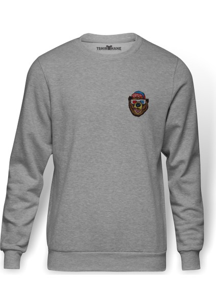 3D Gözlük 3 Boyutlu Gözlük Göğüs Baskılı Gri Erkek Örme Sweatshirt Uzun Kol