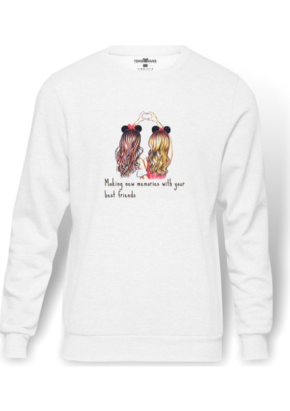 Best Friend Heart Baskılı Beyaz Erkek Örme Sweatshirt Uzun Kol