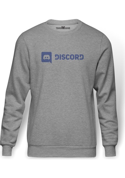 Discord Yazı Baskılı Gri Erkek Örme Sweatshirt Uzun Kol