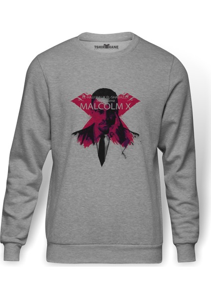 Malcolm X El Shabazz Baskılı Gri Erkek Örme Sweatshirt Uzun Kol