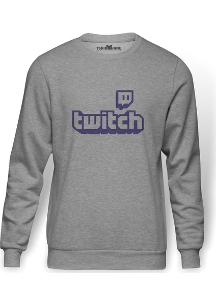 Twicht Yazı Logo Baskılı Gri Erkek Örme Sweatshirt Uzun Kol