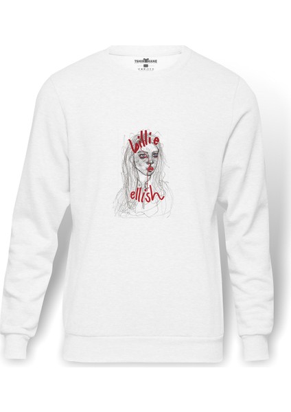 Billi E Eilish Karakalem Çizim Baskılı Beyaz Erkek Örme Sweatshirt Uzun Kol