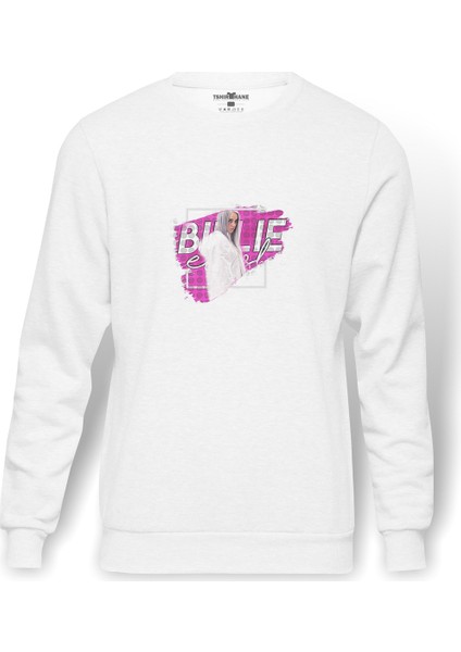 Billi E Eilish Logosu Blosh Baskılı Beyaz Erkek Örme Sweatshirt Uzun Kol