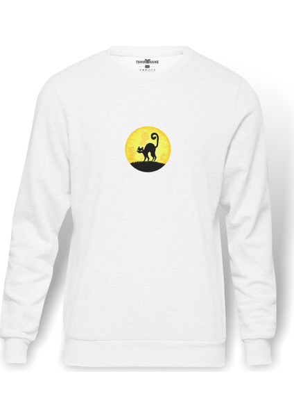 Black Cat In The Moon Baskılı Beyaz Erkek Örme Sweatshirt Uzun Kol