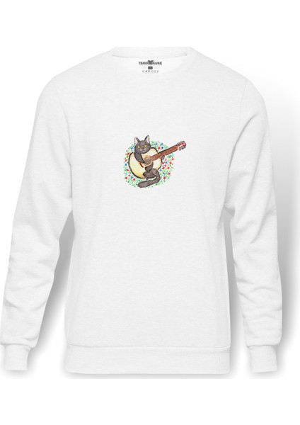Black Cat Playing The Guitar Baskılı Beyaz Erkek Örme Sweatshirt Uzun Kol