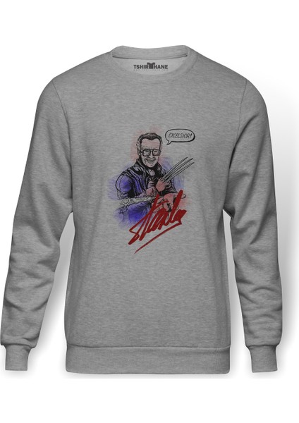 Stan Lee Marvel Kara Kalem Baskılı Gri Erkek Örme Sweatshirt Uzun Kol