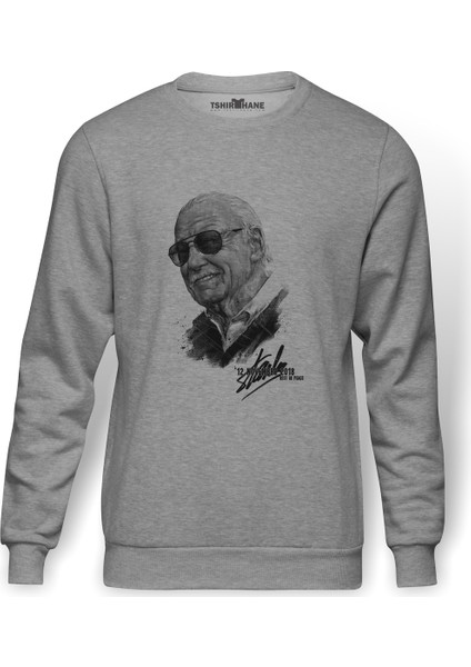 Stan Lee Marvel Rest İn Peace Baskılı Gri Erkek Örme Sweatshirt Uzun Kol