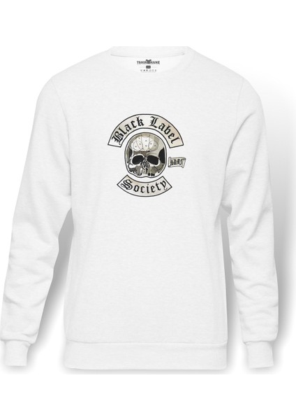 Black Label Society Kurukafa Baskılı Beyaz Erkek Örme Sweatshirt Uzun Kol