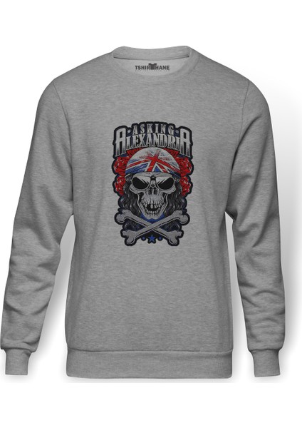 Alexandria Skull Kuru Kafa Baskılı Gri Erkek Örme Sweatshirt Uzun Kol
