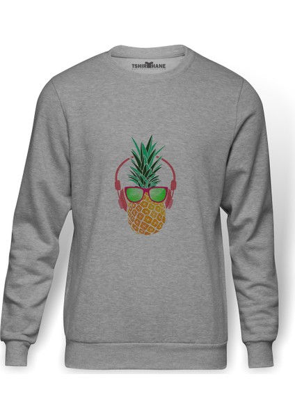 Ananas Retro Gözlük Baskılı Gri Erkek Örme Sweatshirt Uzun Kol