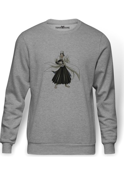 Anime Byakuya Kuchiki Baskılı Gri Erkek Örme Sweatshirt Uzun Kol