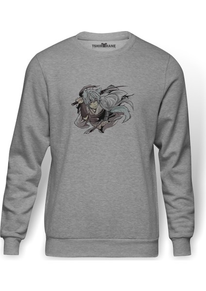 Anime Shiroyasha Baskılı Gri Erkek Örme Sweatshirt Uzun Kol